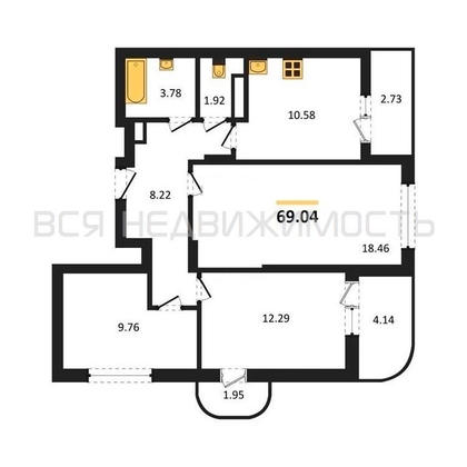 3-комнатная квартира, 69.04кв.м - изображение