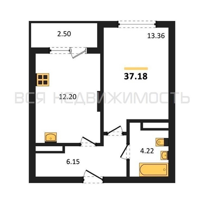 1-комнатная квартира, 37.18кв.м - изображение