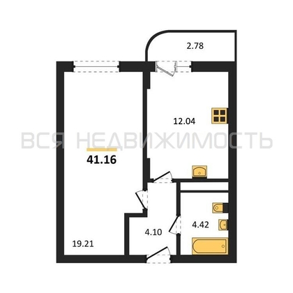 1-комнатная квартира, 41.16кв.м - изображение