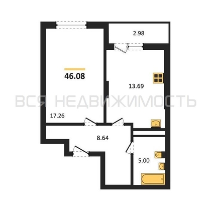 1-комнатная квартира, 46.08кв.м - изображение