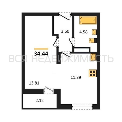 1-комнатная квартира, 34.44кв.м - изображение
