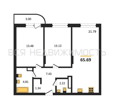 2-комнатная квартира, 65.69кв.м - изображение