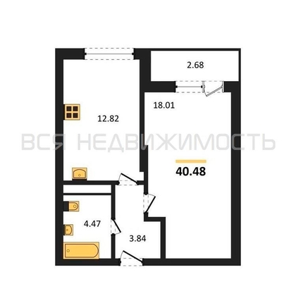 1-комнатная квартира, 40.48кв.м - изображение