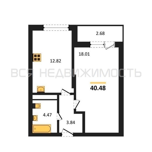 1-комнатная квартира, 40.48кв.м - изображение 0