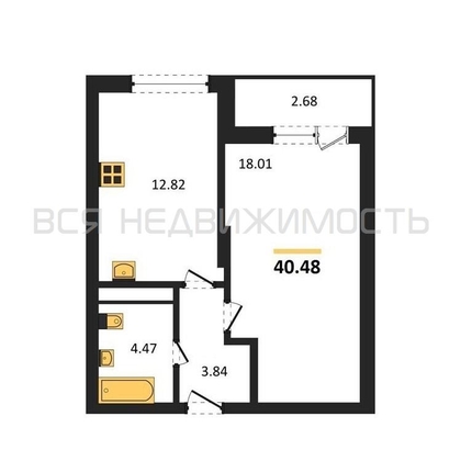 1-комнатная квартира, 40.48кв.м - изображение