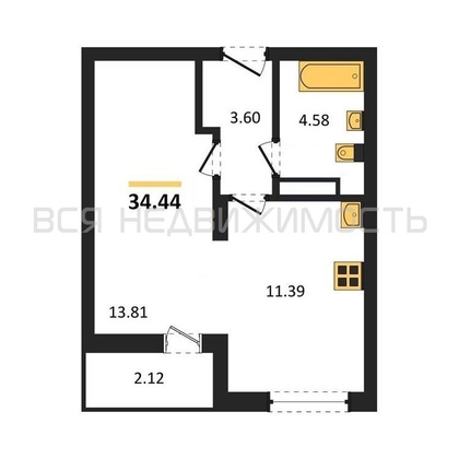 1-комнатная квартира, 34.44кв.м - изображение