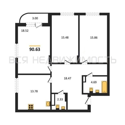 3-комнатная квартира, 90.63кв.м - изображение