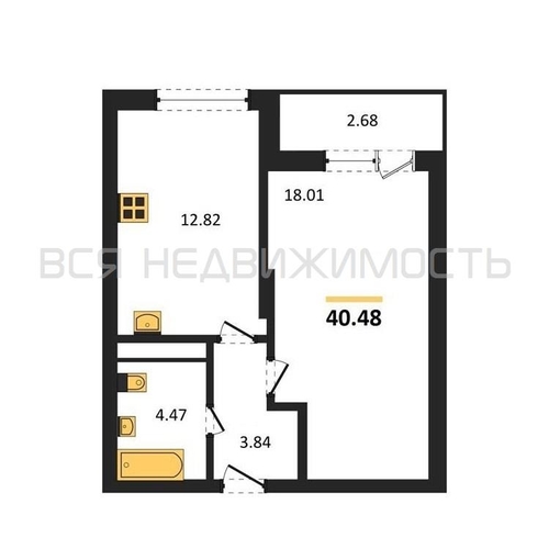 1-комнатная квартира, 40.48кв.м - изображение 0