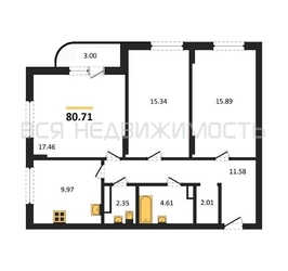 3-комнатная квартира, 80.71кв.м - изображение 1