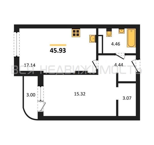 1-комнатная квартира, 45.93кв.м - изображение 0