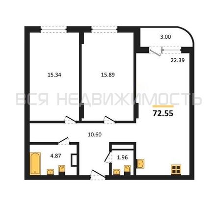 2-комнатная квартира, 72.55кв.м - изображение