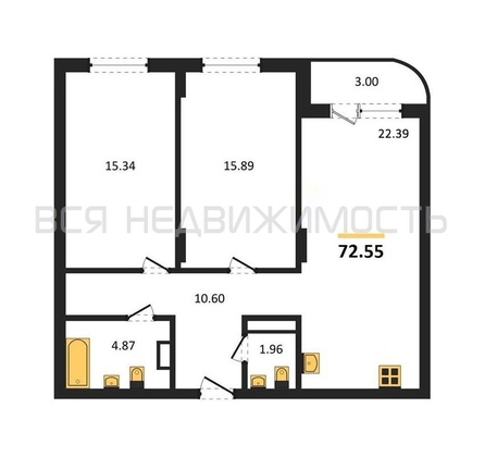 2-комнатная квартира, 72.55кв.м - изображение