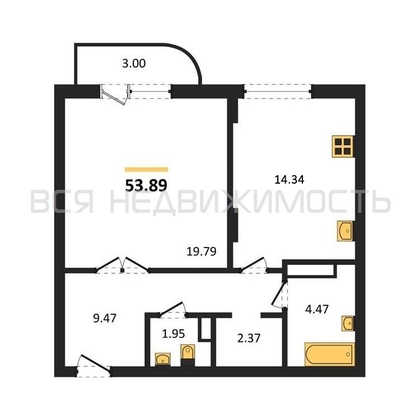 1-комнатная квартира, 53.89кв.м - изображение