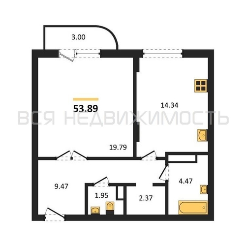 1-комнатная квартира, 53.89кв.м - изображение 0