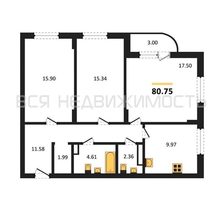 3-комнатная квартира, 80.75кв.м - изображение