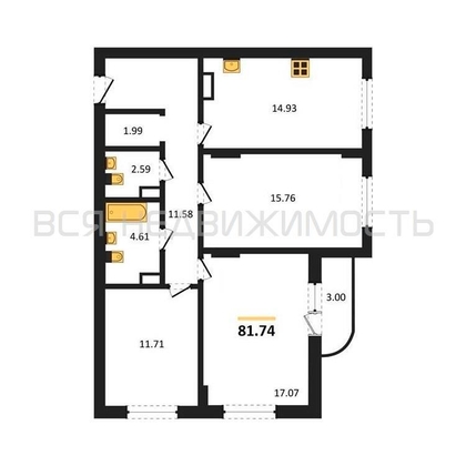 3-комнатная квартира, 81.74кв.м - изображение