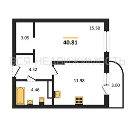 1-комнатная квартира, 40.81кв.м 1-комнатная квартира, 40.81кв.м - изображение 1