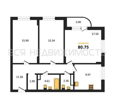 3-комнатная квартира, 80.75кв.м - изображение