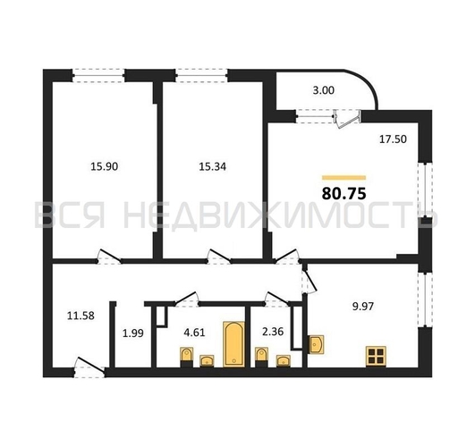 3-комнатная квартира, 80.75кв.м - изображение 0
