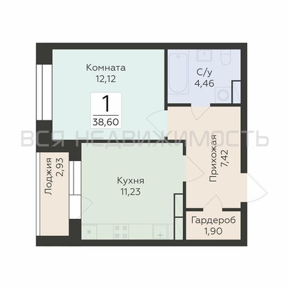 1-комнатная квартира, 38.6кв.м - изображение