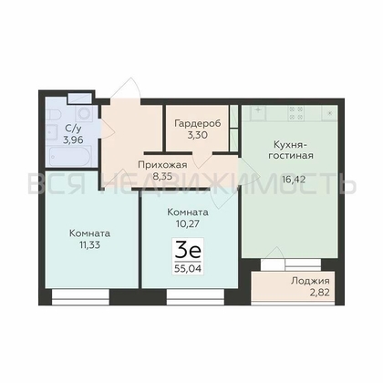 2-комнатная квартира, 55.04кв.м - изображение