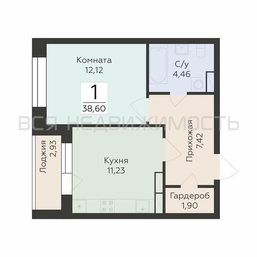 1-комнатная квартира, 38.6кв.м - изображение 0