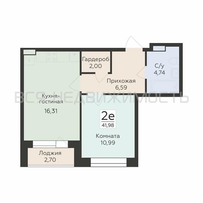 1-комнатная квартира, 41.98кв.м - изображение