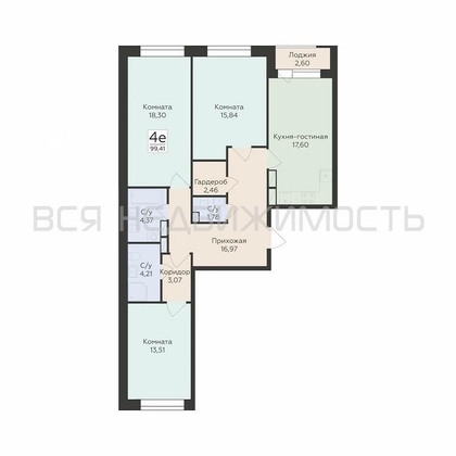 3-комнатная квартира, 99.41кв.м - изображение
