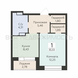 1-комнатная квартира, 35.53кв.м 1-комнатная квартира, 35.53кв.м - изображение 1