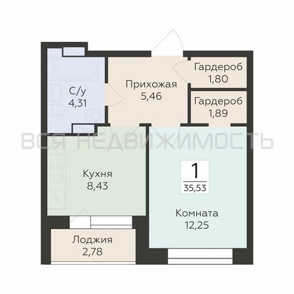 1-комнатная квартира, 35.53кв.м - изображение