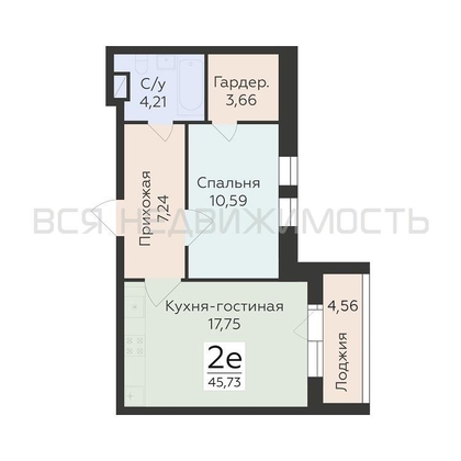 1-комнатная квартира, 45.73кв.м - изображение