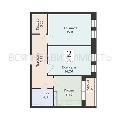 2-комнатная квартира, 56.85кв.м - изображение