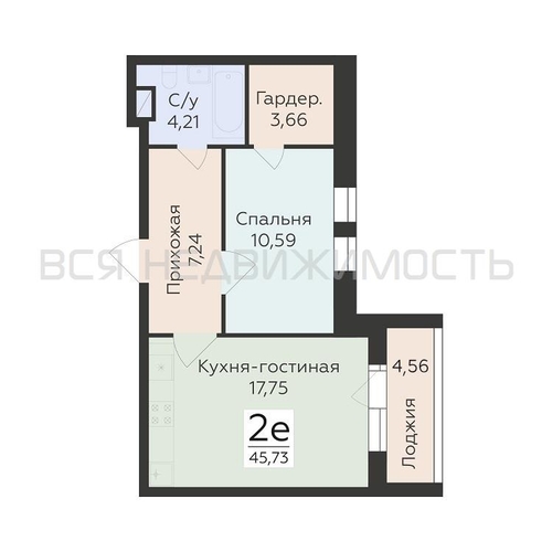 1-комнатная квартира, 45.73кв.м - изображение 0