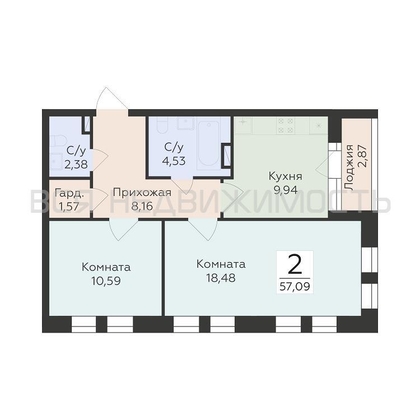 2-комнатная квартира, 57.09кв.м 2-комнатная квартира, 57.09кв.м - изображение