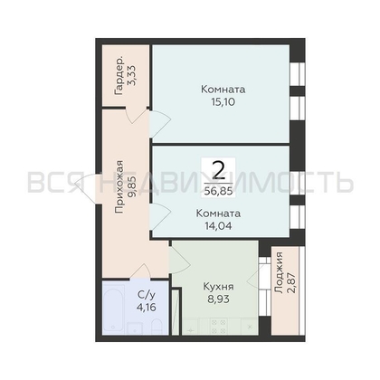 2-комнатная квартира, 56.85кв.м - изображение