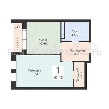 1-комнатная квартира, 40.42кв.м - изображение