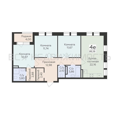 3-комнатная квартира, 86.56кв.м - изображение