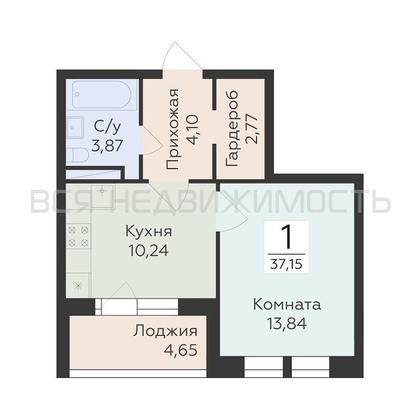 1-комнатная квартира, 37.15кв.м - изображение