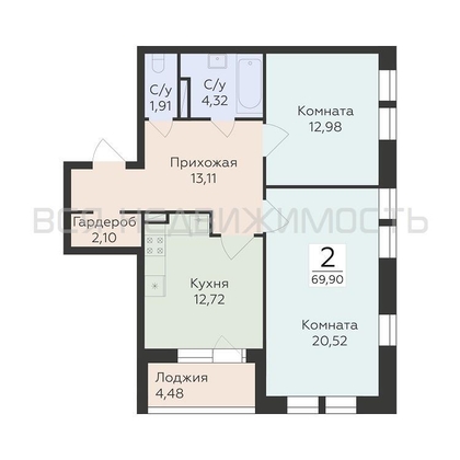 2-комнатная квартира, 69.9кв.м - изображение
