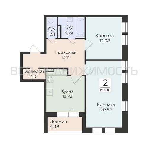 2-комнатная квартира, 69.9кв.м - изображение 0