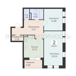 2-комнатная квартира, 69.9кв.м - изображение 1