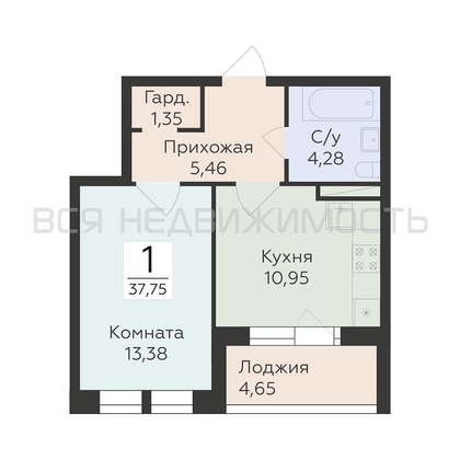 1-комнатная квартира, 37.75кв.м - изображение