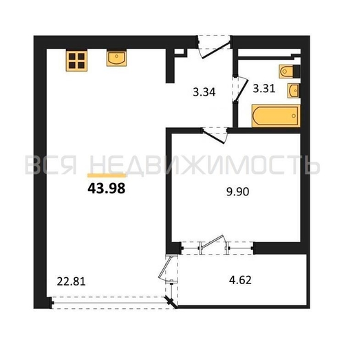 1-комнатная квартира, 43.98кв.м - изображение 0
