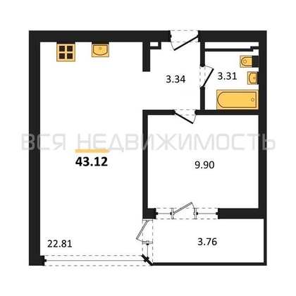 1-комнатная квартира, 43.12кв.м - изображение