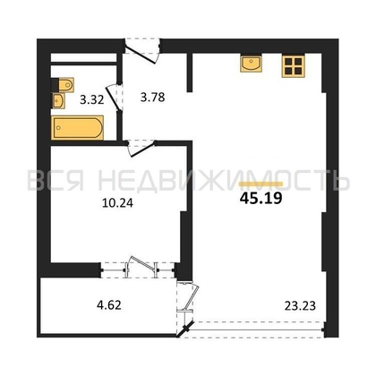 1-комнатная квартира, 45.19кв.м - изображение