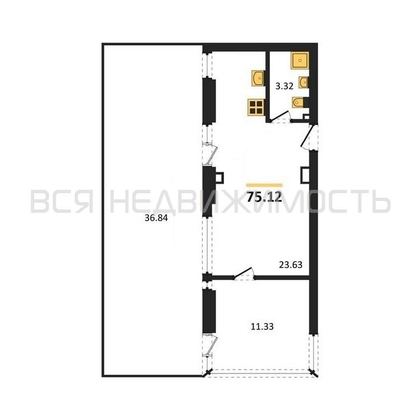 1-комнатная квартира, 75.12кв.м - изображение
