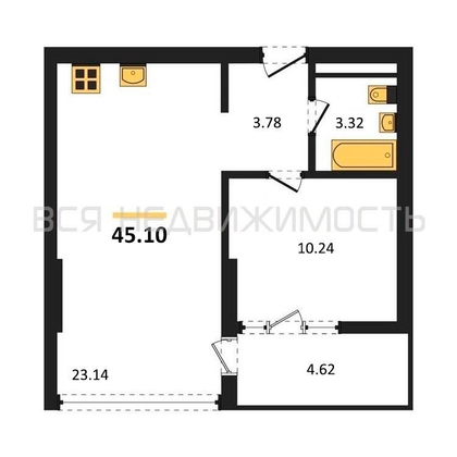 1-комнатная квартира, 45.1кв.м - изображение