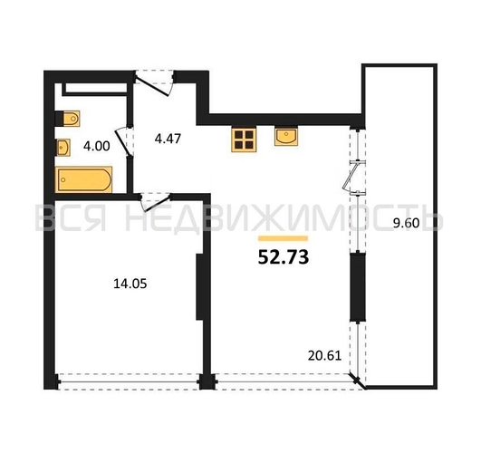 1-комнатная квартира, 52.73кв.м - изображение 0
