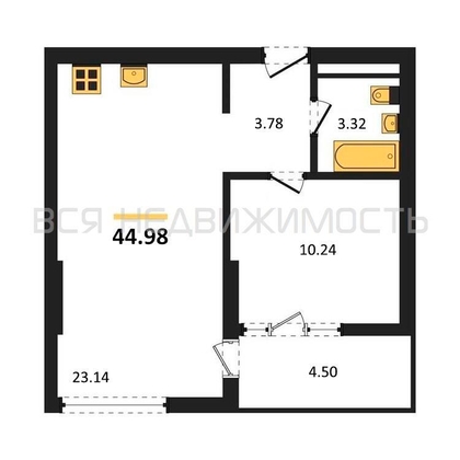 1-комнатная квартира, 44.98кв.м - изображение