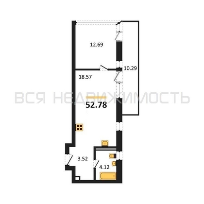 1-комнатная квартира, 52.78кв.м - изображение